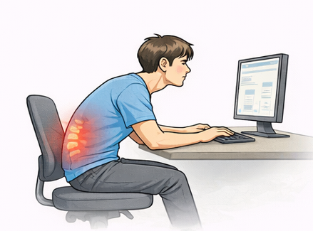 컴퓨터 작업 시 잘못된 자세로 허리와 목에 부담이 생기는 자세