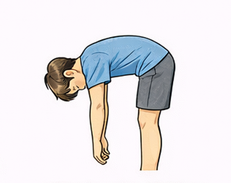 허리 스트레칭 동작 중 하나로 상체를 앞으로 숙여 척추를 이완하는 자세 (허리 통증 완화 운동)